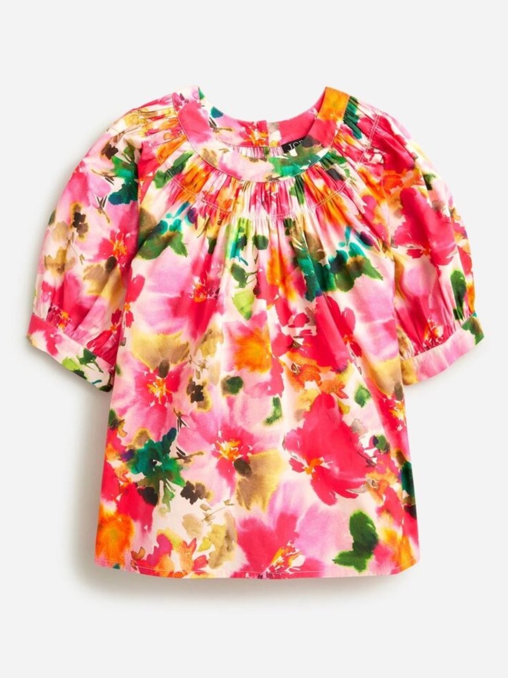 J. Crew Top Smock Neck Puff Sleeve Relaxed Floral Cotton Poplin Multi